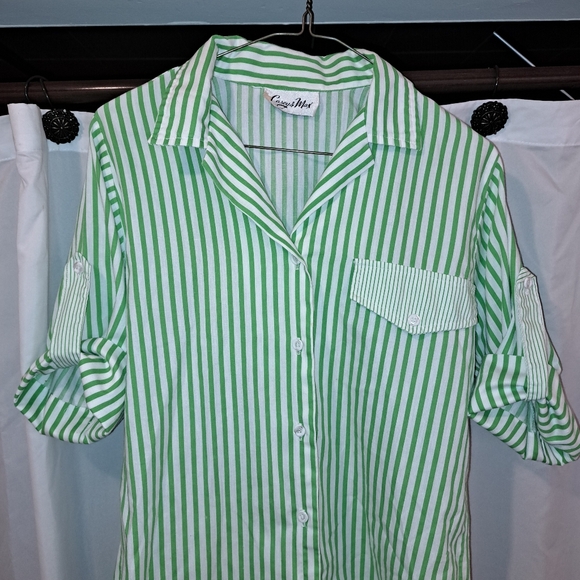 Vintage Casey & Max 3/4 Sleeve Button Front Green/White Stripe Button Tab Shirt - Picture 10 of 10
